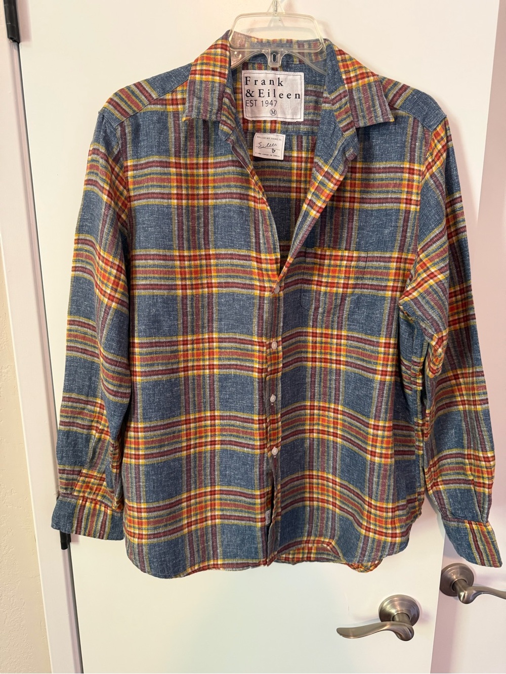 Frank & Eileen - Eileen - 100% Linen Plaid Button-Up in Blue, Red & Yellow Sz M